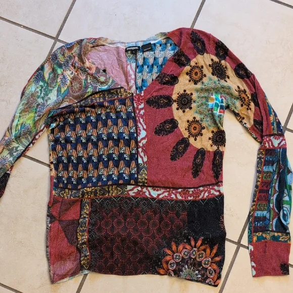 Desigual Cashmere Sweater “Michelle" Multicolor V-neck Long Sleeve Size L - Picture 2 of 13